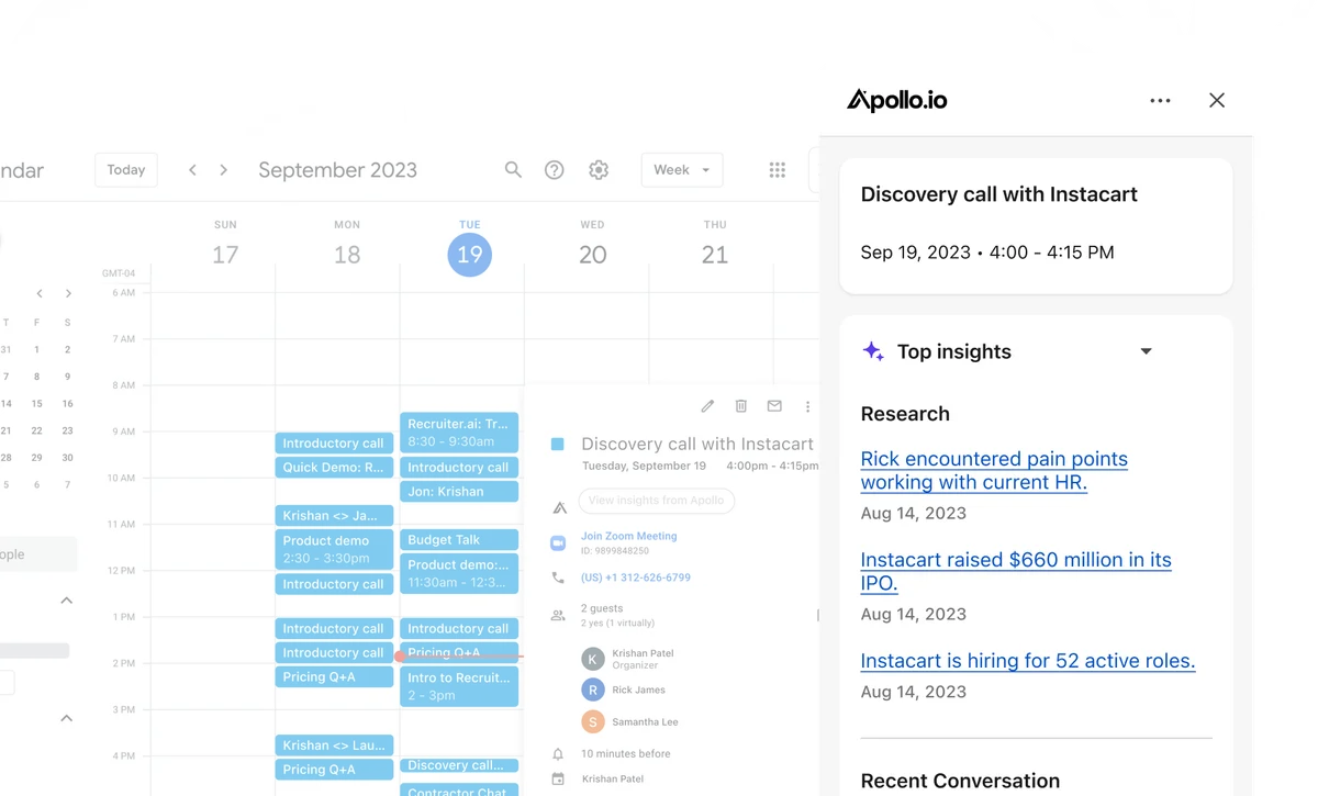 Apollo integration panel overlaying Google Calendar, displaying meeting insights and participant info for an Instacart call.
