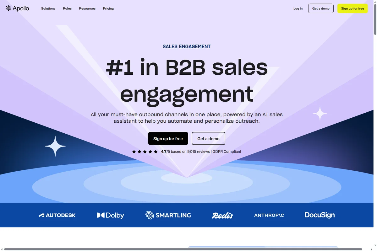 Apollo landing page hero showcasing its #1 position in B2B sales engagement with a modern, gradient-backed design and client logos.