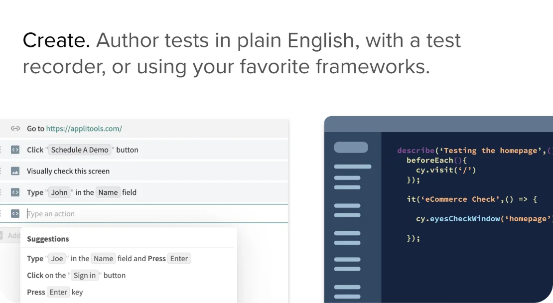 Applitools test authoring interface showing a plain English recorder and Cypress code integration for visual checks.