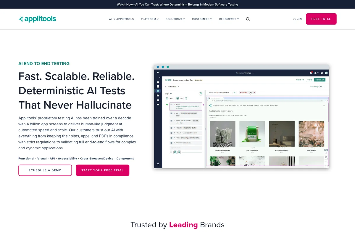 Applitools AI end-to-end testing workspace showing test steps being defined and a live application preview in a clean modern interface.