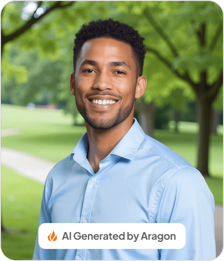 Aragon AI output sample showing a professionally generated photorealistic portrait of a smiling man with a green park background.