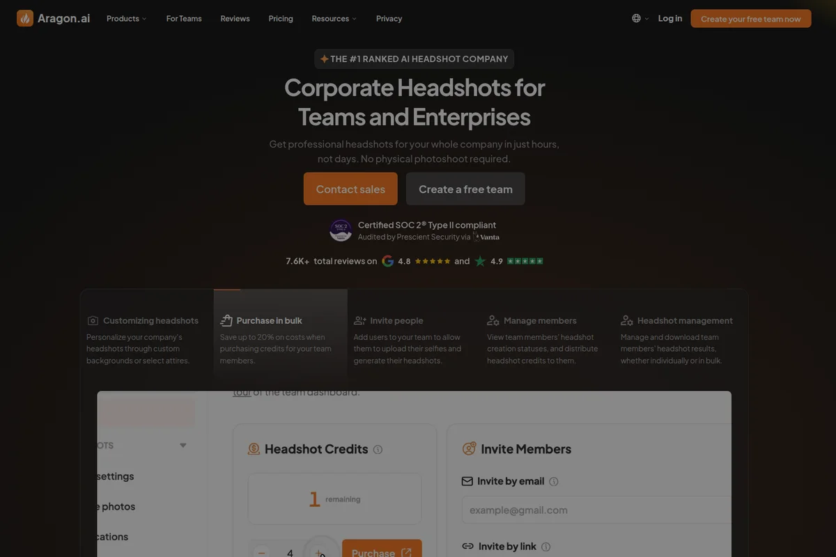 Aragon AI team dashboard for corporate headshots, featuring credit purchase and member invitation in dark mode.