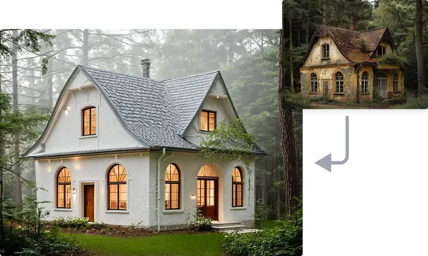 Archivinci AI architectural design output, contrasting a modern white house and a dilapidated cottage in a misty forest.