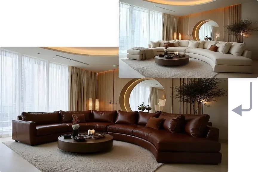 Archivinci output sample showing two modern living room interior design visualizations with a realistic aesthetic.