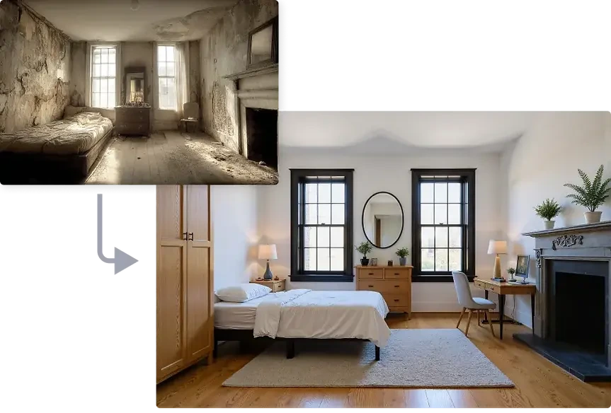 Archivinci design transformation showing a dilapidated room renovated into a modern, furnished bedroom.