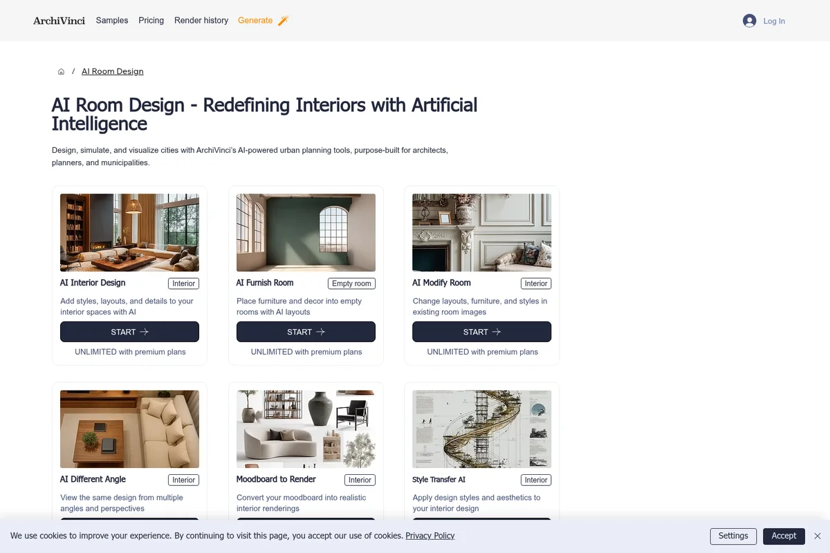 ArchiVinci AI Room Design page showing features for interior design, furnishing, and style transfer with photorealistic renderings.