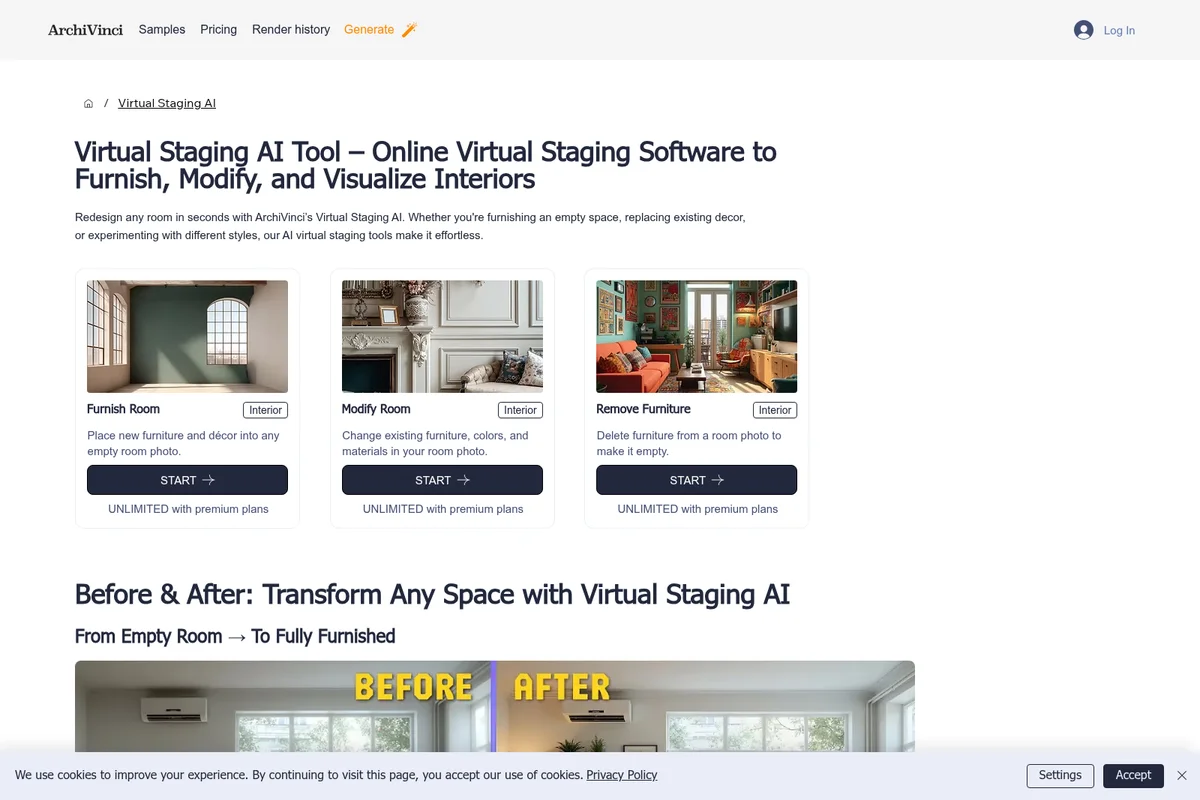 ArchiVinci Virtual Staging AI tool features, demonstrating furnishing, modifying, and removing furniture from room photos via a clean web UI.