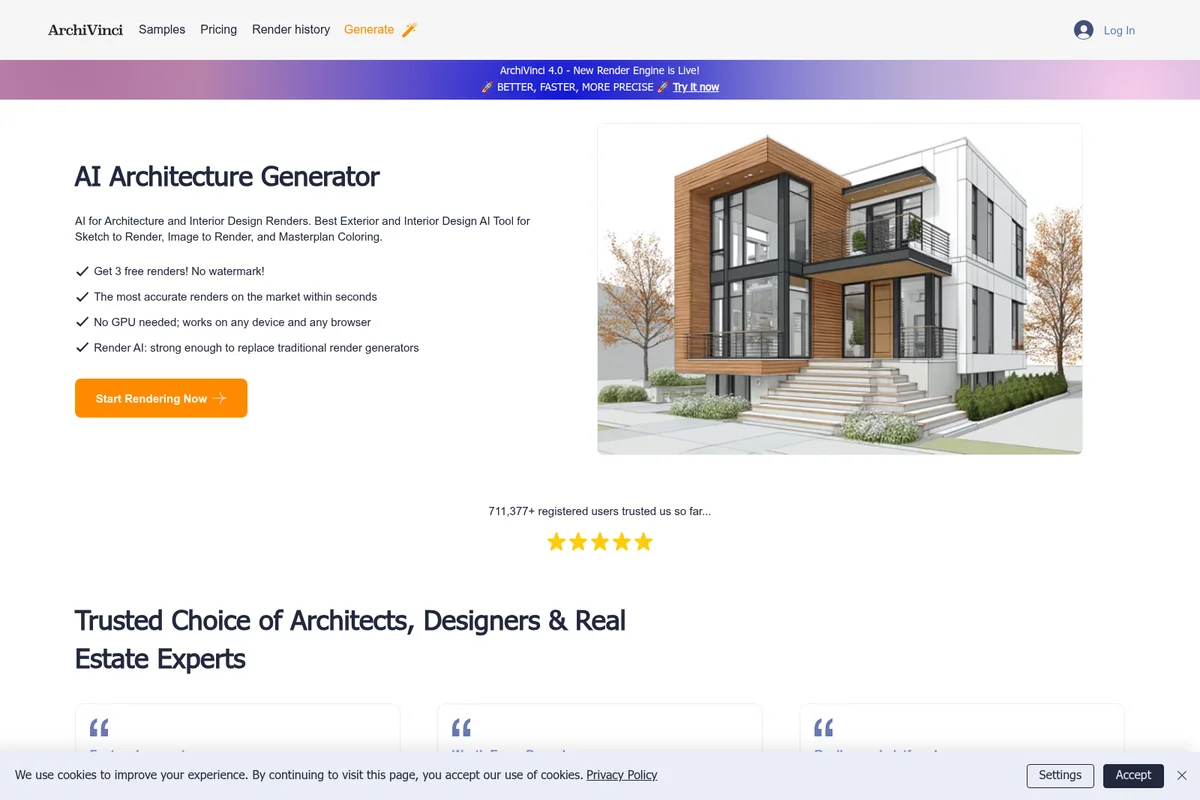 ArchiVinci homepage showing AI-generated architectural rendering of a modern house with a clean, engaging layout.