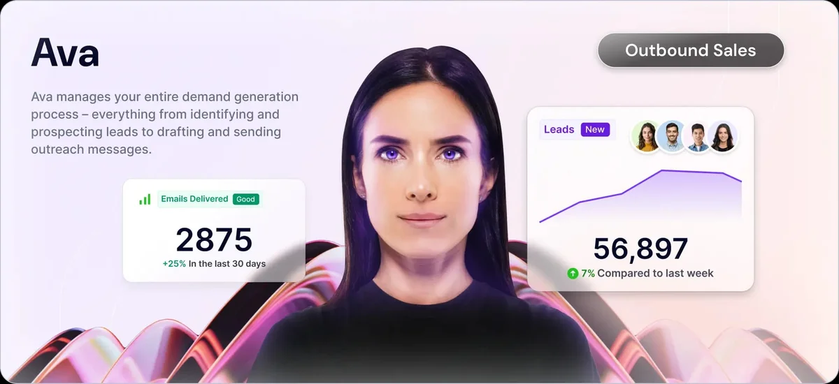 Ava AI assistant dashboard showing outbound sales performance, email delivery, and lead generation metrics in a modern UI.