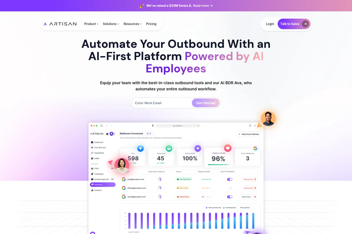 Artisan AI dashboard showing outbound email automation performance metrics, mailbox health, and deliverability with a vibrant UI.