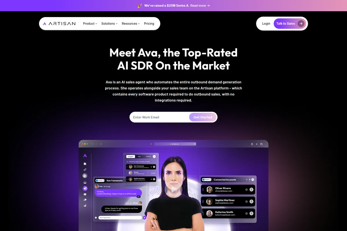 Artisan AI sales agent workspace showing an AI-driven chat interface and connected accounts with a modern dark theme.