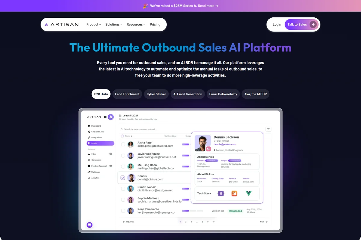 Artisan sales AI platform showing a lead management workspace with enriched lead data and a clean, modern interface.