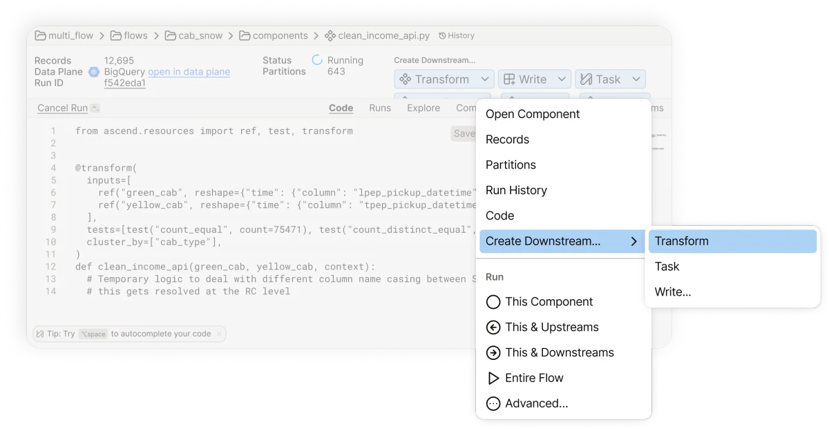 ascend-io workspace showing a Python data transformation being defined and a menu to create a downstream data flow.