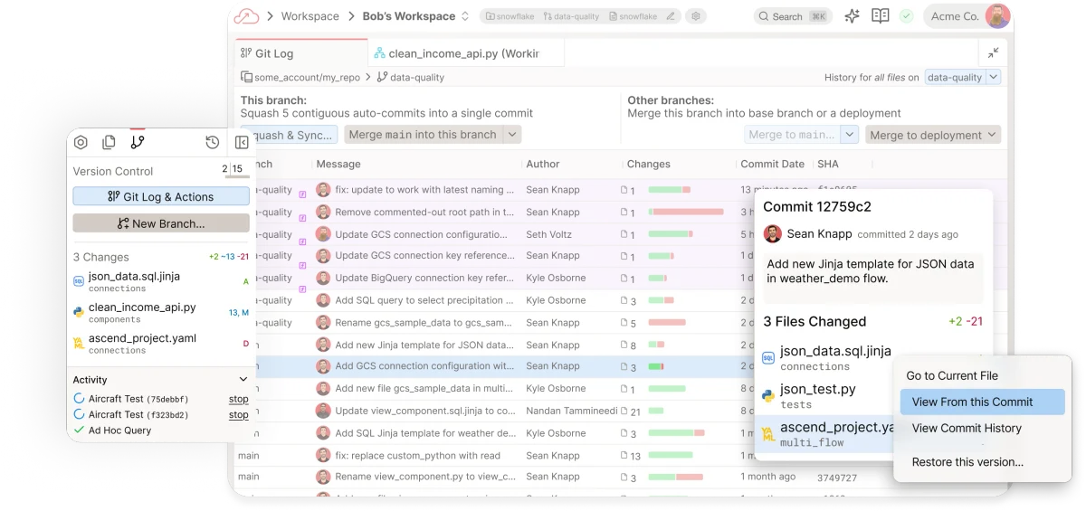 Ascend.io workspace displaying Git log, commit history, file changes, and version control actions in a modern, multi-panel UI.
