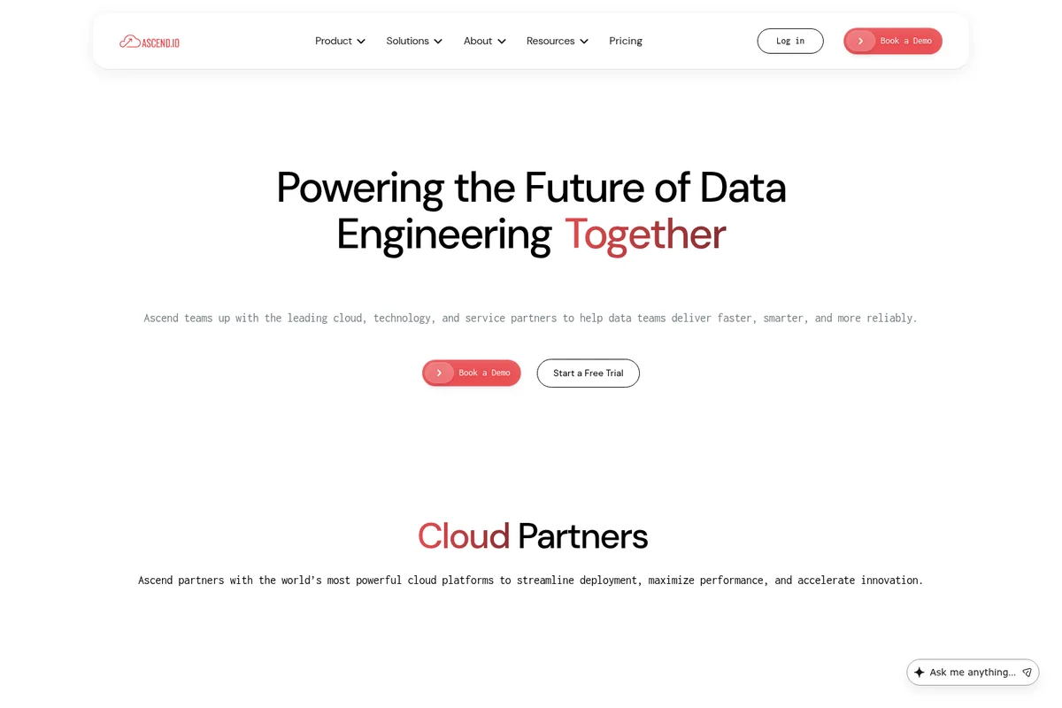 Ascend.io landing page showing the hero headline 'Powering the Future of Data Engineering Together' with a clean, modern interface.