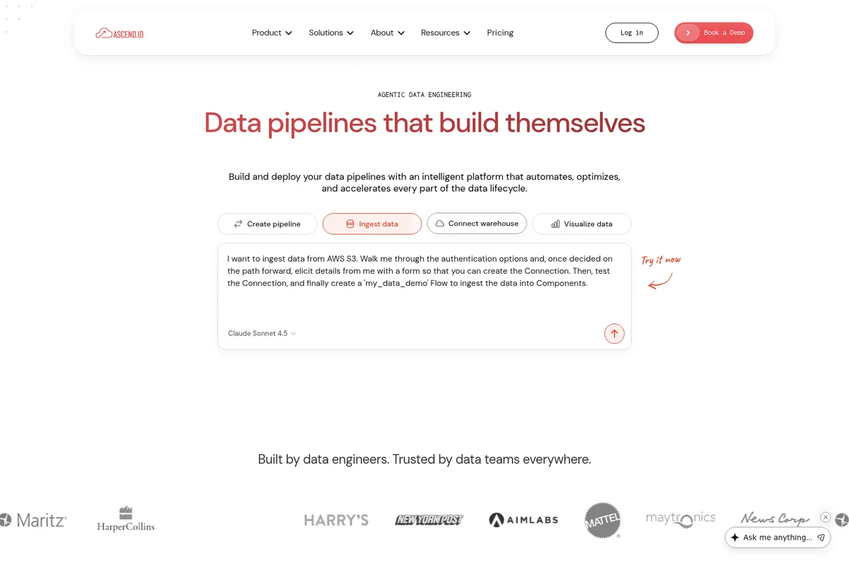 Ascend.io homepage showing an AI prompt for data ingestion from AWS S3 with a clean, modern interface.