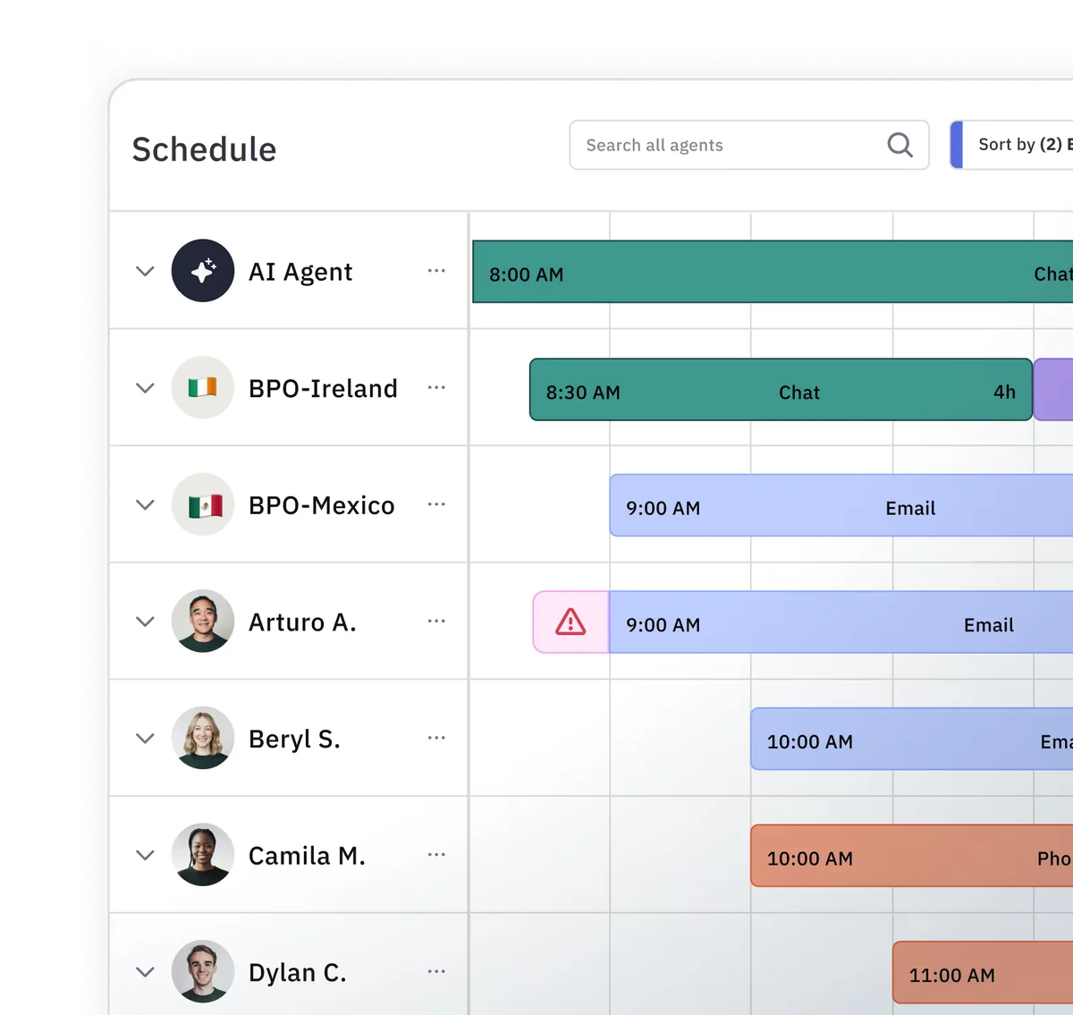 Assembled scheduling workspace showing agent and team schedules with chat, email, and phone tasks in a clean grid interface.
