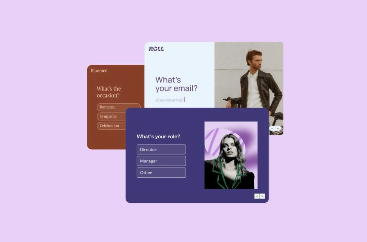Roll product UI showing layered input forms for email, occasion, and role selection within a modern clean interface.