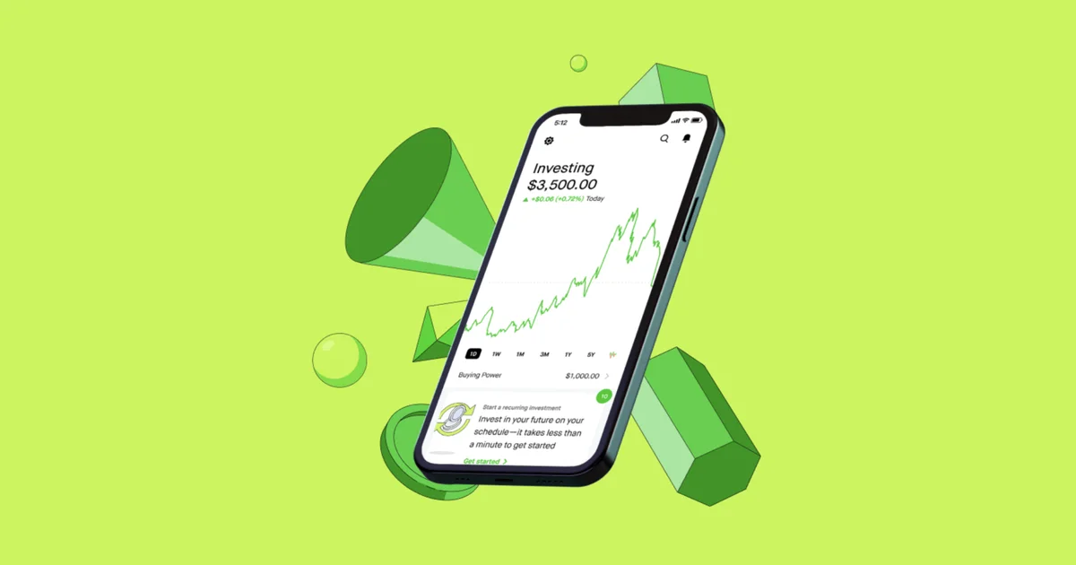 Assembled mobile investing app UI showing a positive growth chart for investments on a vibrant green background.