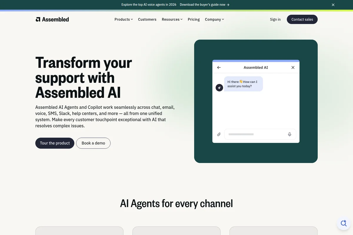 Assembled AI landing page hero showcasing an AI chat agent's greeting in a clean, modern interface with prominent call to actions.