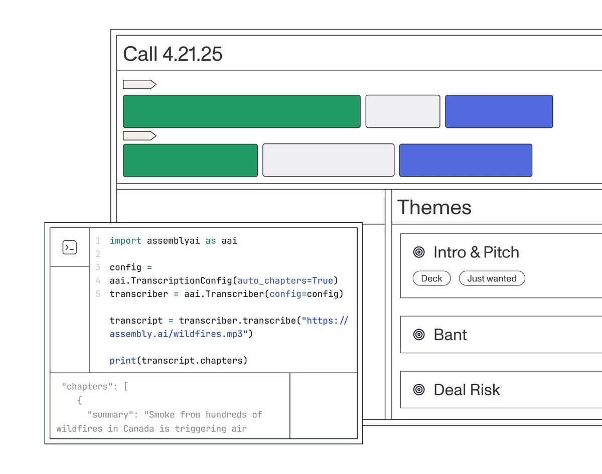 AssemblyAI workspace showing Python code for audio transcription with auto-chaptering and call themes in a modern web UI.