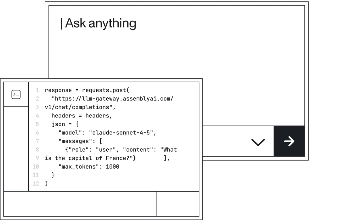 AssemblyAI feature deep dive showing an LLM API call in a code editor and a chat input field with a dark theme.