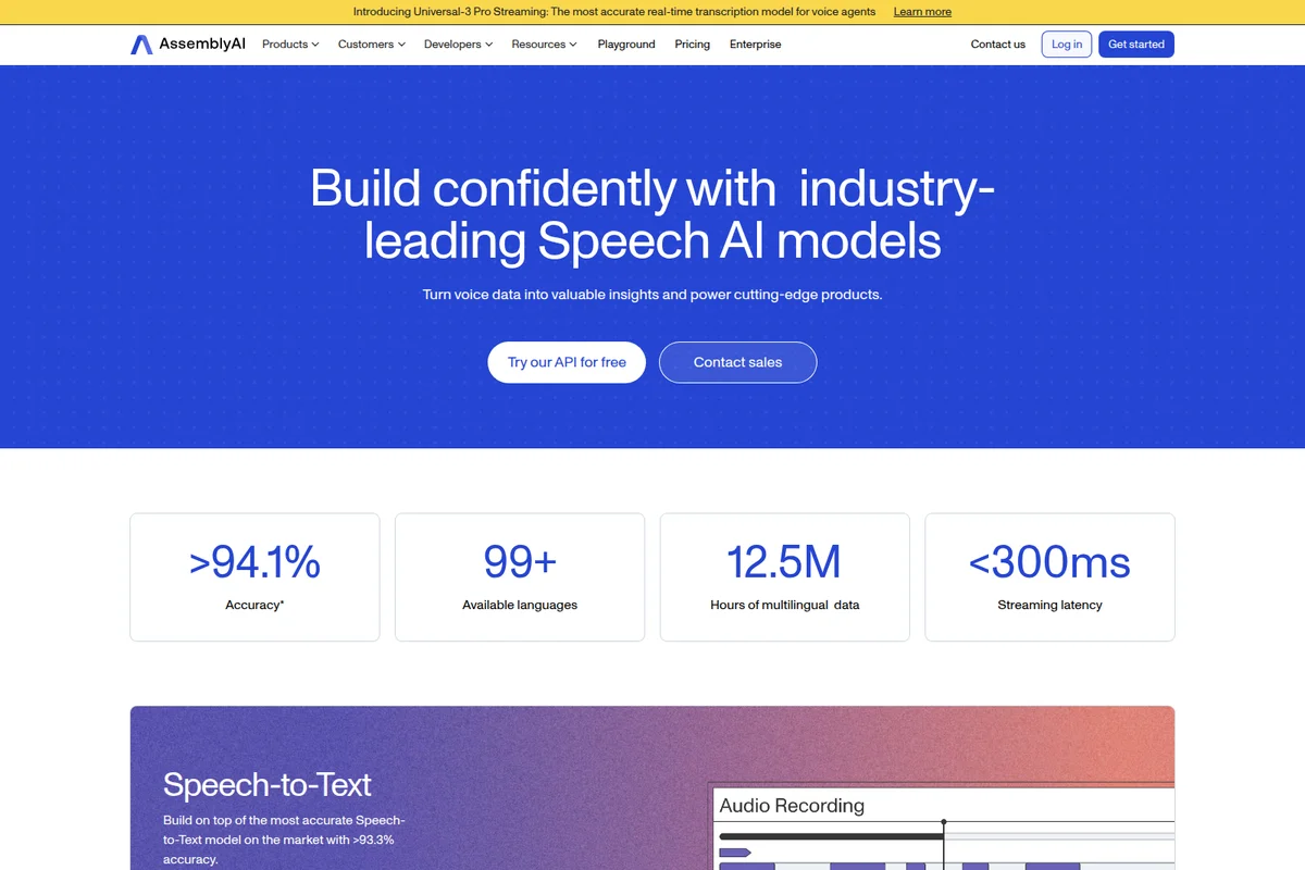 AssemblyAI landing page hero section showcasing 'Build confidently with industry-leading Speech AI models' and key performance statistics in a clean, modern design.