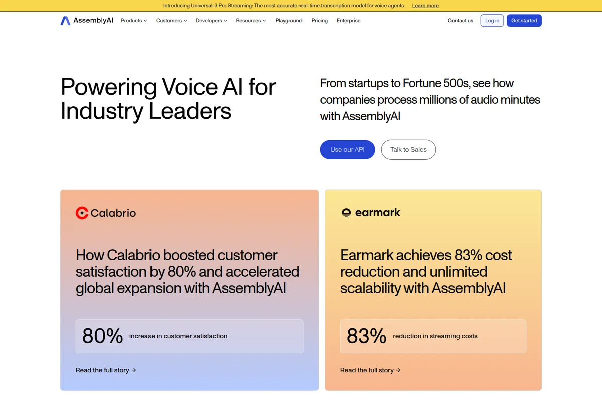 AssemblyAI customer success page highlighting 80% customer satisfaction increase for Calabrio and 83% cost reduction for Earmark, presented with a modern web design.