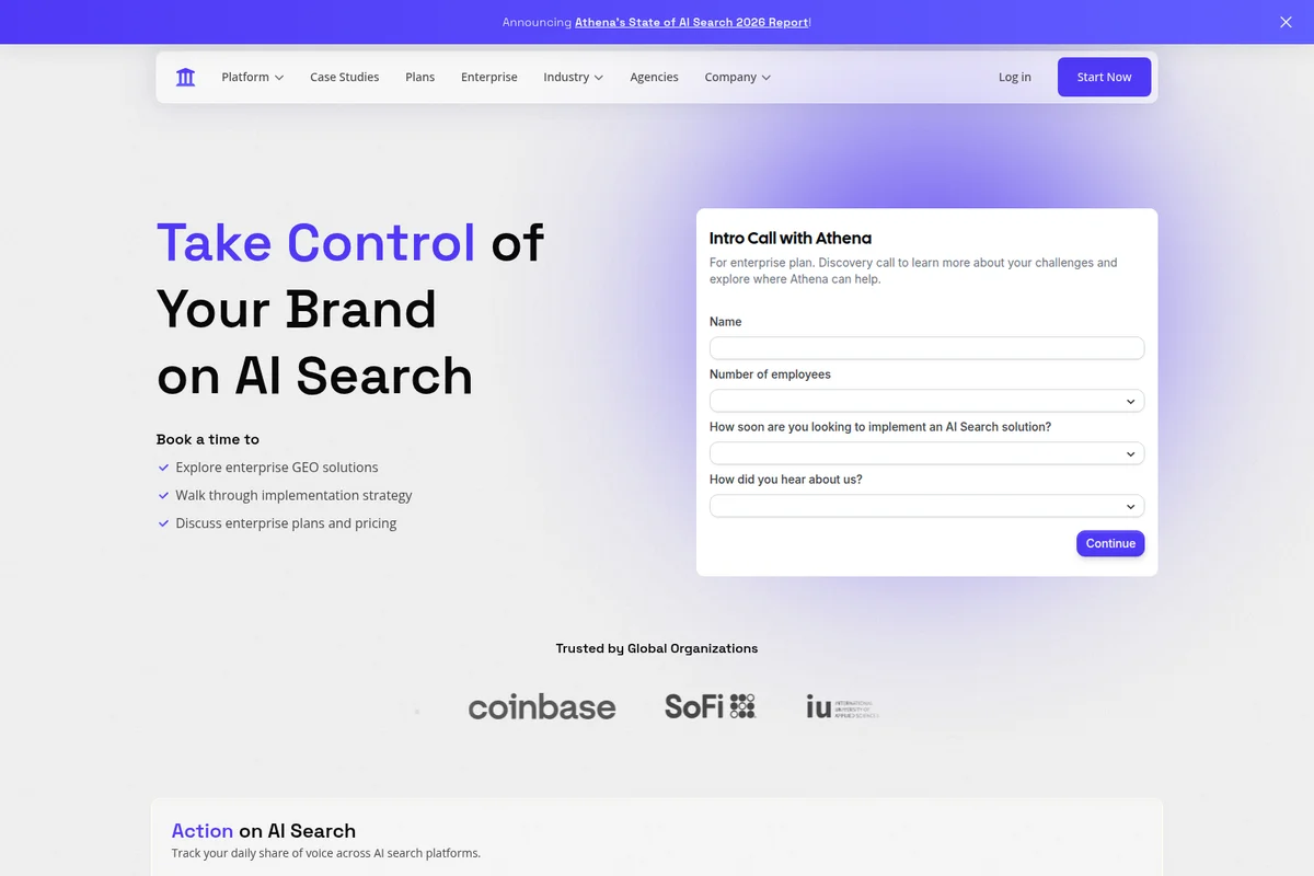 AthenaHQ landing page with a hero section promoting brand control on AI Search and a form to book an intro call.