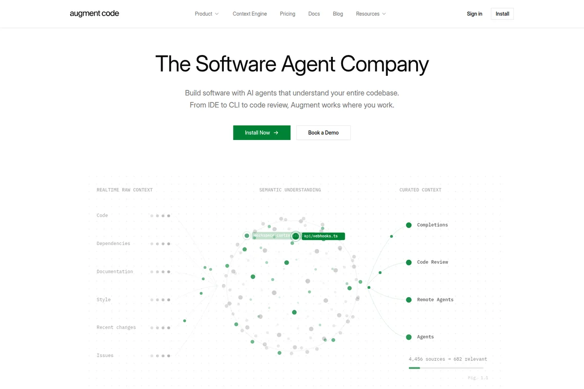 Augment Code homepage showcasing a network graph visualization of AI agents building semantic understanding from code context for intelligent suggestions and code review.