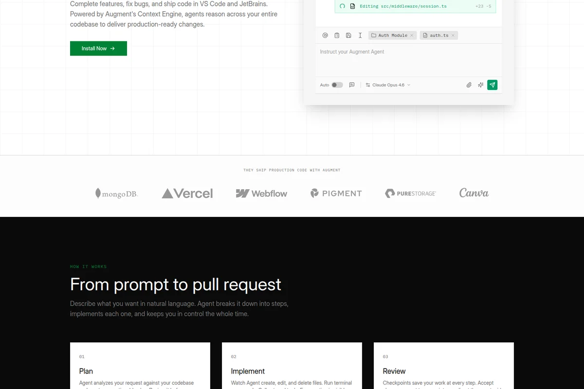 Augment Agent workspace UI showing an AI agent being instructed for code changes in a modern IDE-like interface with a light theme.