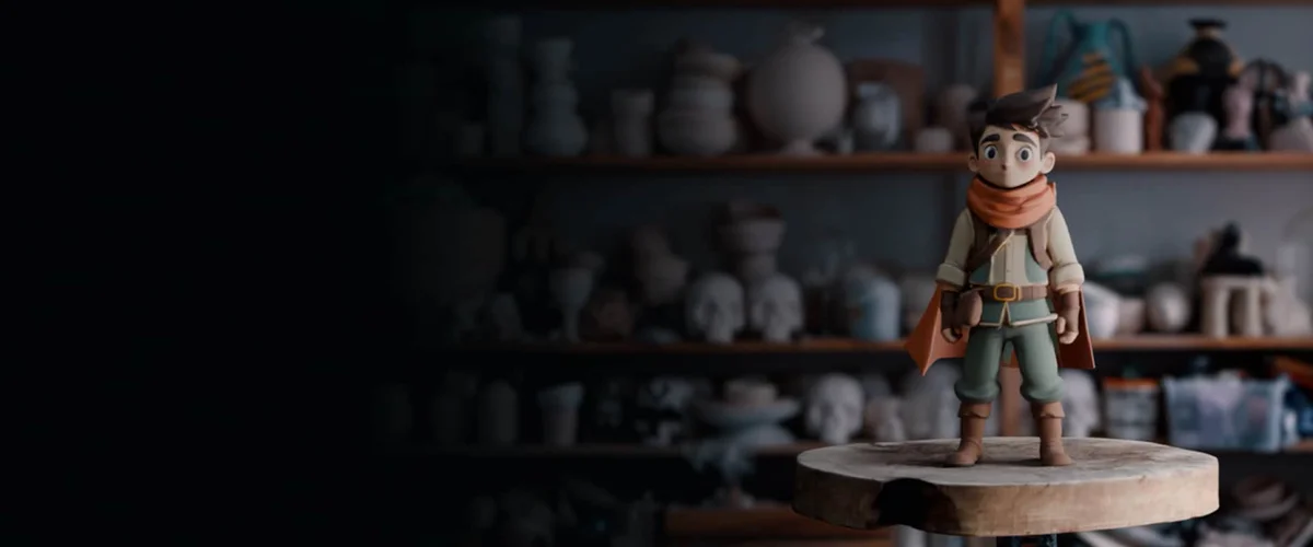 Autodesk Flow output sample showing a stylized 3D character in a detailed 3D rendered workshop environment.