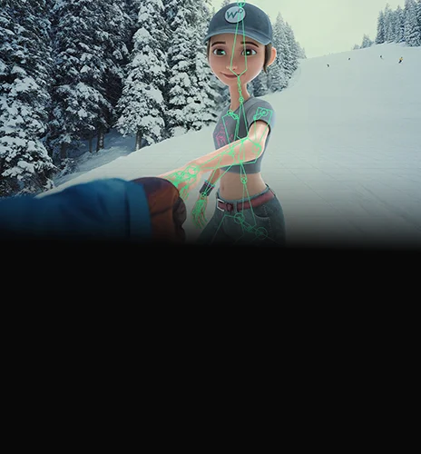 Autodesk Flow demonstrating 3D character rigging visualization with a green skeletal overlay in a snowy mountain environment.
