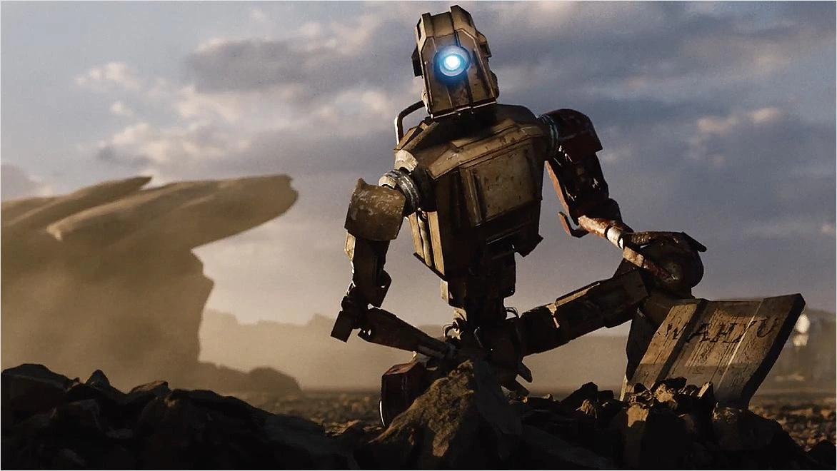 Autodesk Flow output sample showing a weathered robot kneeling in a desolate, golden hour desert landscape.