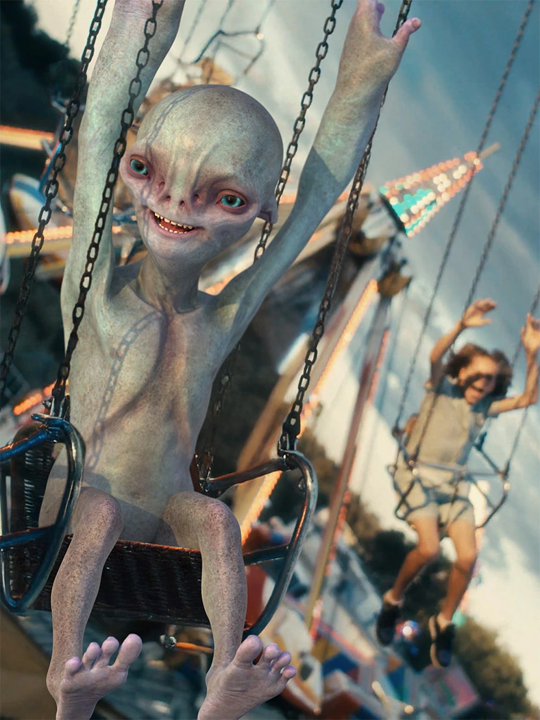 Autodesk Flow output sample showing a 3D rendered alien and child on a carnival swing ride with photorealistic detail.