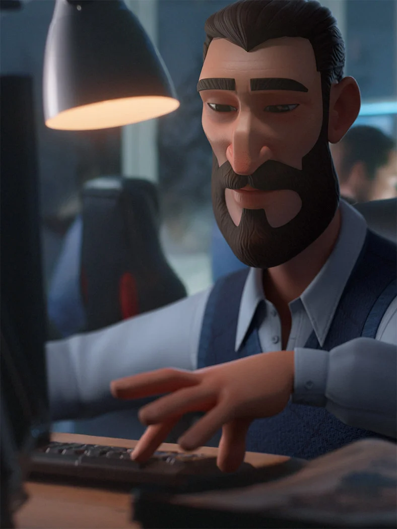 Autodesk Flow 3D animation showing a focused bearded character typing on a laptop keyboard.