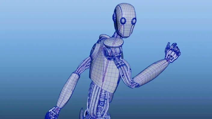 Autodesk Flow 3D model output showing a stylized robot in wireframe view on a minimalist blue background.