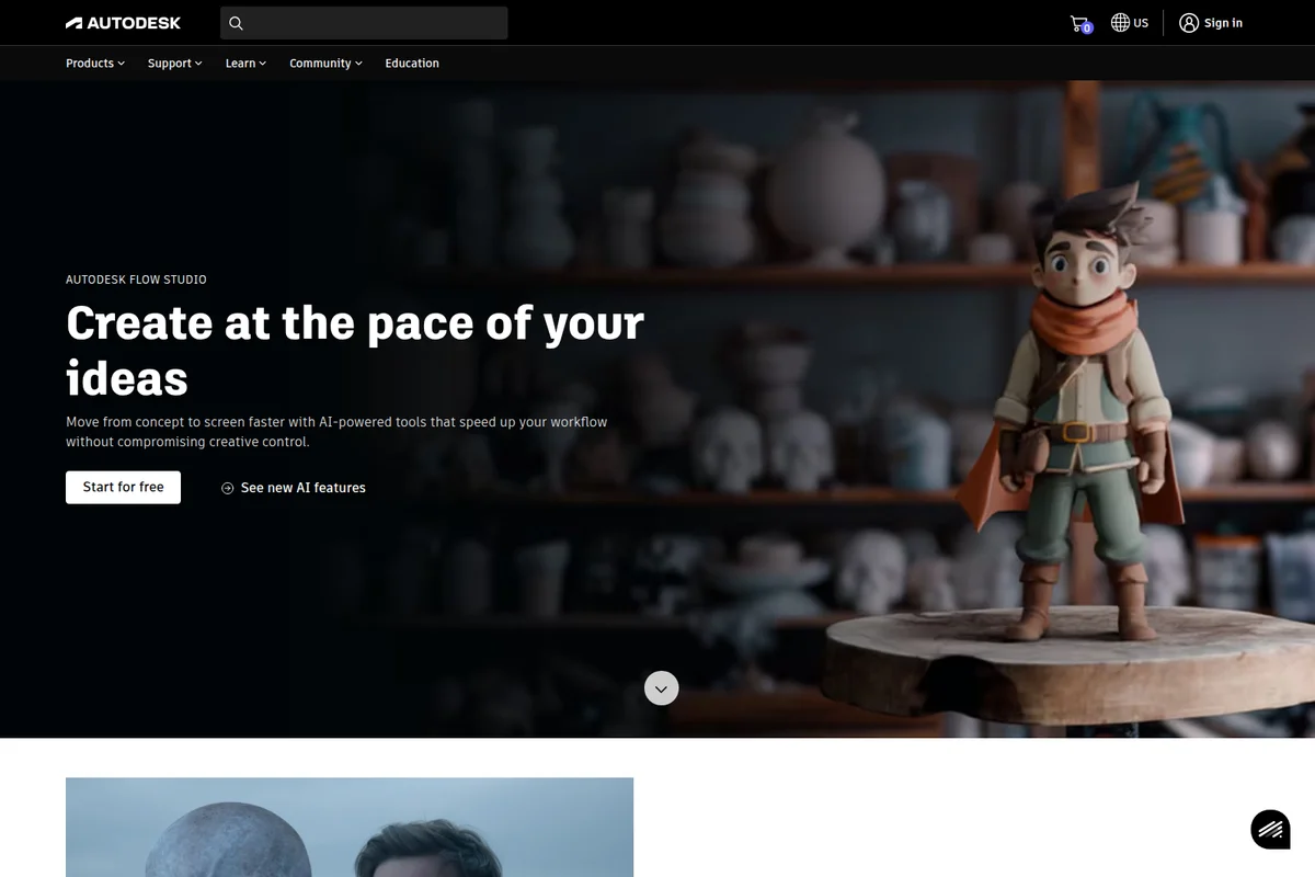 Autodesk Flow Studio landing page hero showcasing a 3D animated character on a stand with a blurred artistic workshop background and a dark theme.