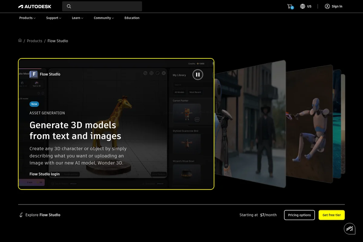 Autodesk Flow Studio workspace UI showing 3D model generation from text and images, featuring a giraffe model and an asset library in a modern dark-mode interface.