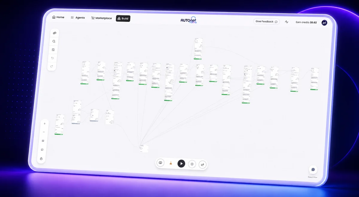AutoGPT agent workflow builder showing a complex visual graph of interconnected AI agents and tasks in a clean white interface.