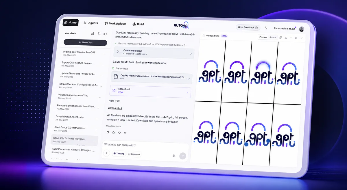 AutoGPT workspace displaying an AI agent building an HTML video grid with a clean, multi-pane interface.
