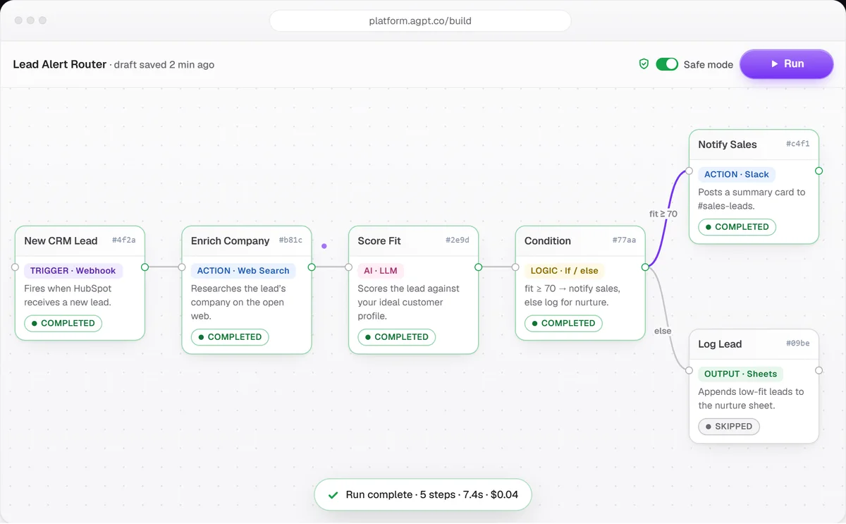 Autogpt workflow builder UI showing automated lead routing, enrichment, and AI/LLM scoring with a clean, modern interface.