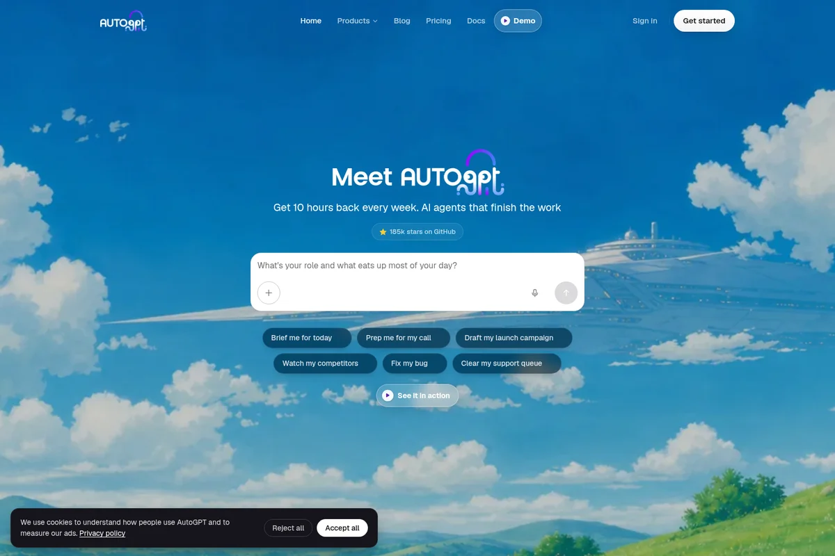 AutoGPT homepage displaying the AI agent task input field and suggested prompts, set against a vibrant blue sky with an illustrated futuristic cityscape.