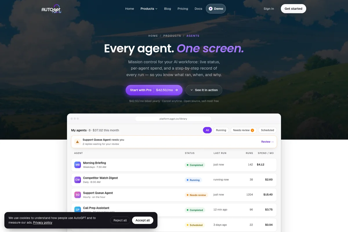 AutoGPT agents management dashboard showing running and scheduled AI agents with status, last run, runs, and monthly spend in a dark-themed interface.