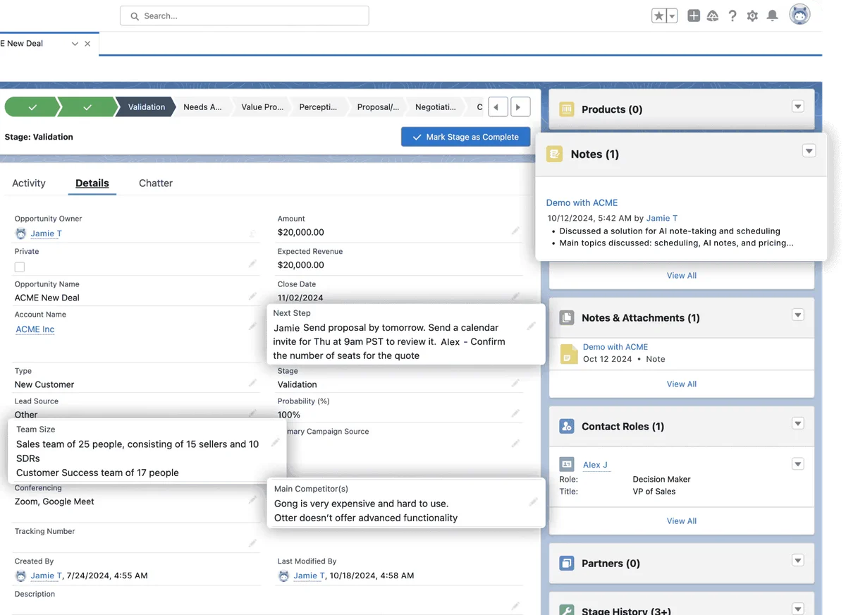 Avoma workspace UI showing a sales opportunity details page with comprehensive notes and competitor analysis in a clean modern interface.