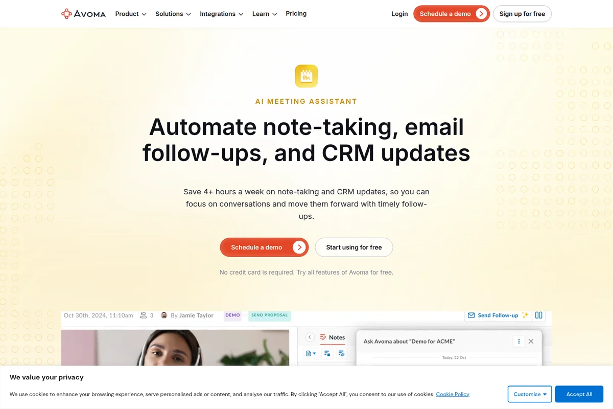 Avoma AI meeting assistant landing page promoting automated note-taking and CRM updates, featuring a clean UI and a preview of the in-meeting assistant.