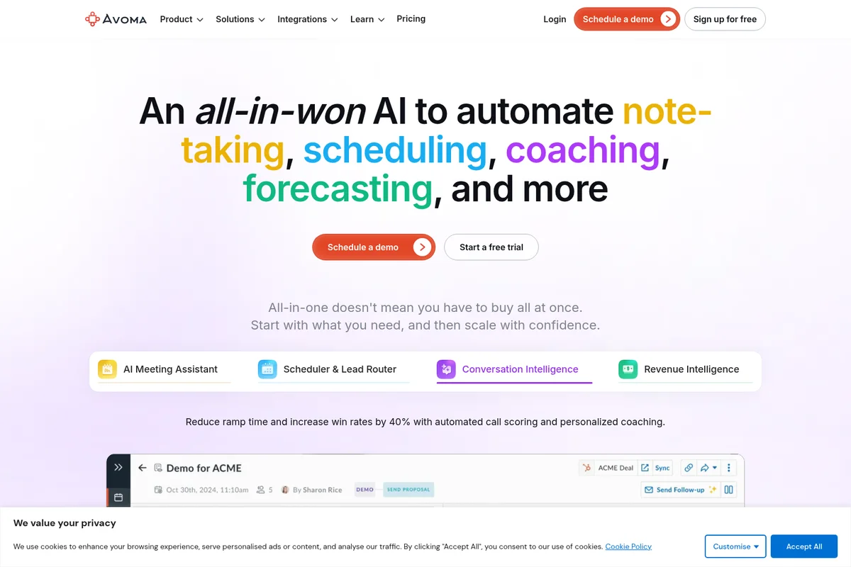 Avoma homepage displaying AI automation features and a detailed meeting summary in a modern, clean interface.