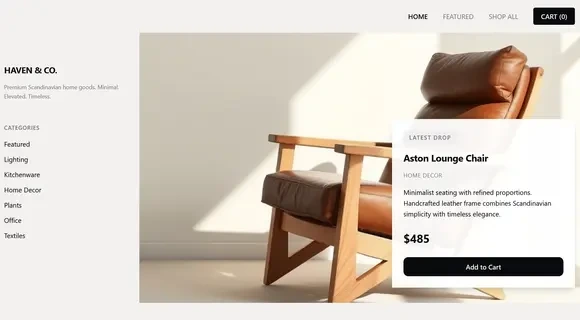 b12 e-commerce gallery showing a minimalist Scandinavian lounge chair product listing with a clean interface.