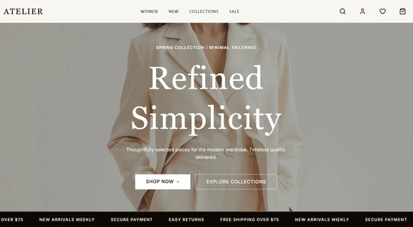 b12 website builder output sample showing a fashion e-commerce homepage with a model in a beige suit, featuring the 'Refined Simplicity' spring collection.