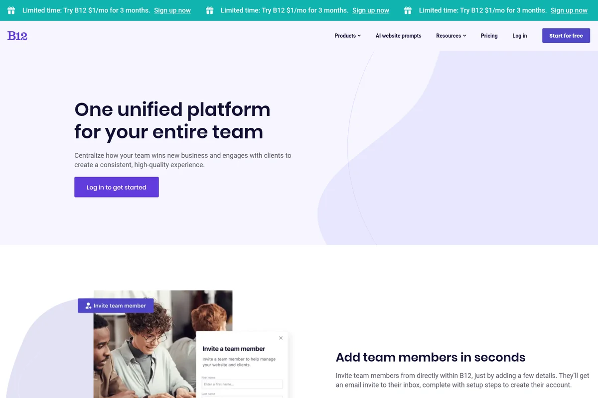 B12 product page demonstrating team member invitation feature with 'Invite a team member' modal overlay.